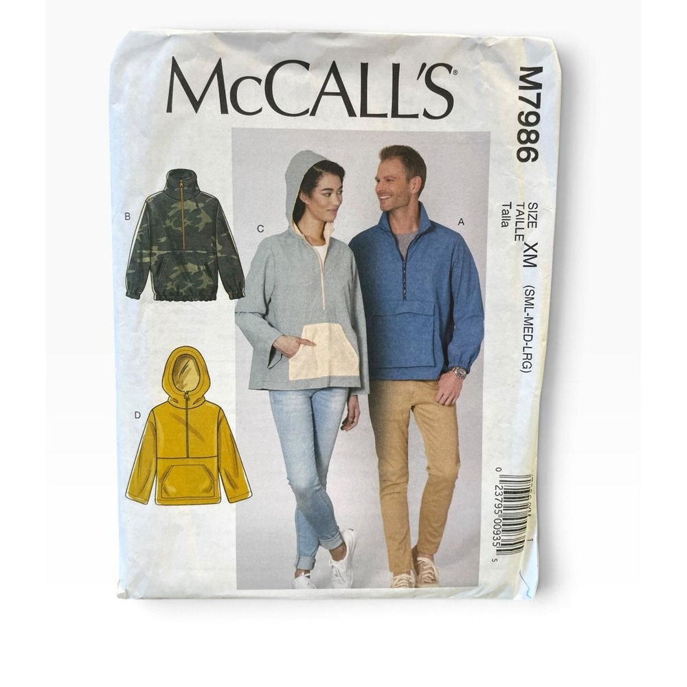 McCall's M7986 Misses Men's Jackets Hoodies S-LG Modern Pullover Anorak Uncut FF